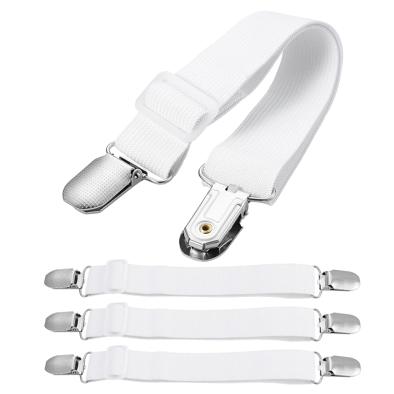 KEESIN 4PCS Adjustable Bed Fasteners,Fitted Sheet Clips with Elastic Holder Straps and Duckbill Metal Clips (White)