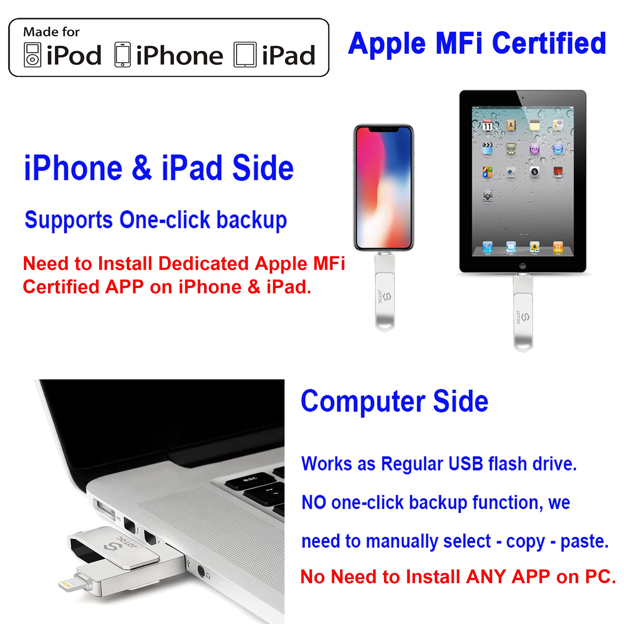 MFi Certified 128GB Photo-Stick-for-iPhone-Storage iPhone-Memory iPhone-USB-for-Photos iPhone-USB-Flash-Drive Memory-Stick-for-iPad External-iPhone-Storage iPhone-Thumb-Drive for iPad Photo Stick