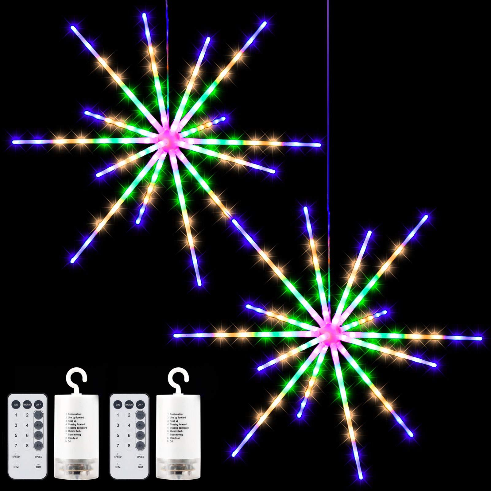 2 Pack 224 LED Hanging Starburst Lights, Firework Fairy Starburst String Light Meteor Light with Remote, 8 Lighting Modes Operated, Starry Light for Garden Party Christmas (Multicolor)