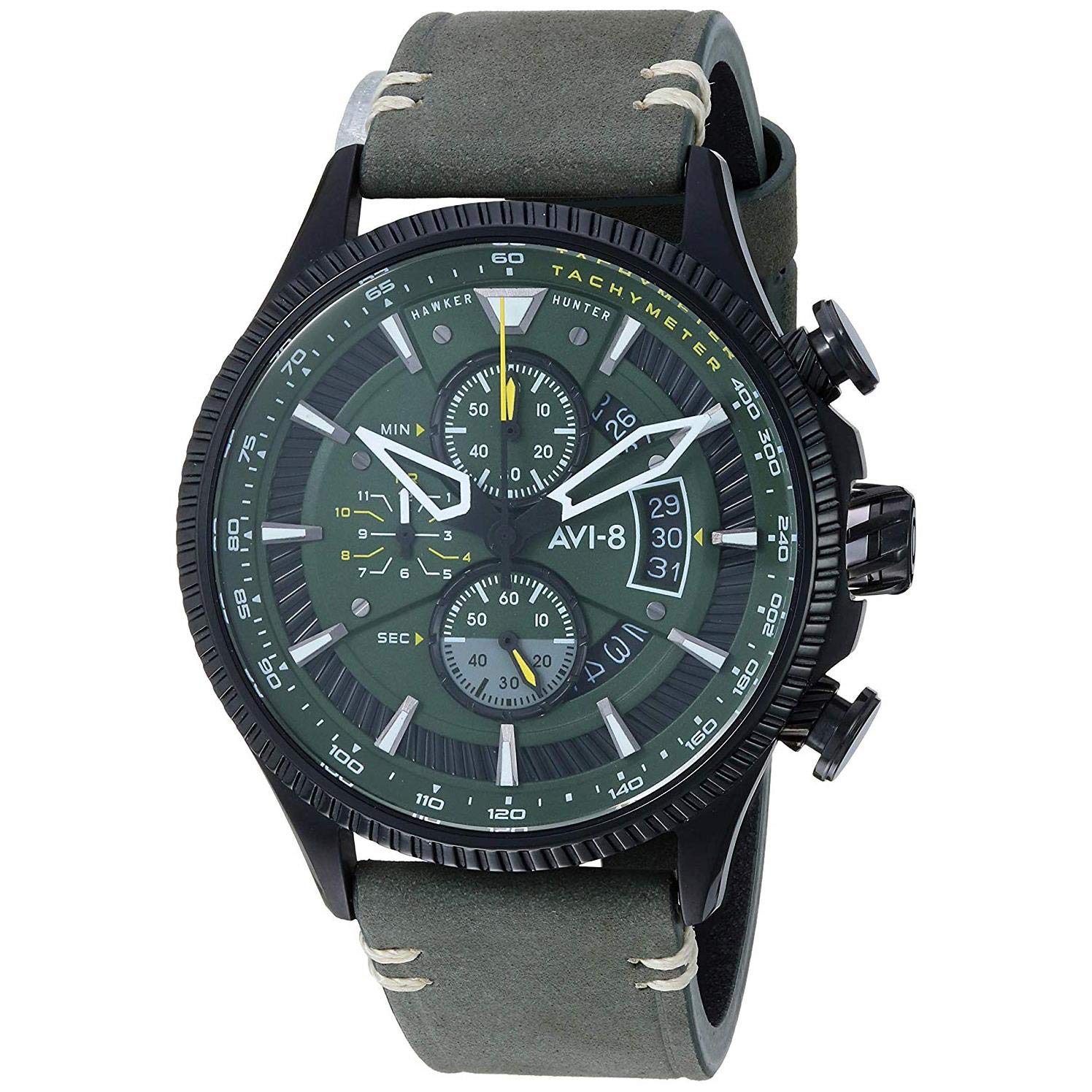 AVI-8 Men's Hawker Hunter Avon Chronograph Charcoal Green with Green Genuine Leather Strap Watch 45mm - AV-4064-02