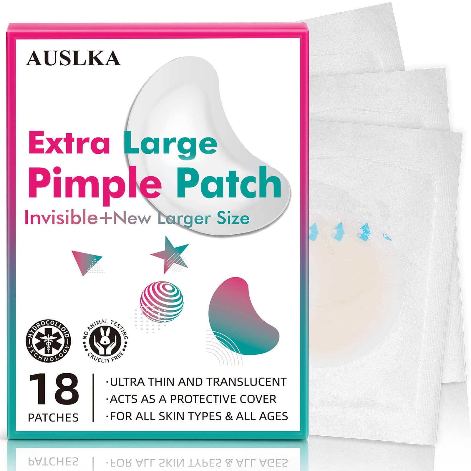 AUSLKA Large Blemish Pimple Patches, (18 Patches), Hydrocolloid, Extra Blemishes Patches, Pimple Stickers,For Larger Breakout