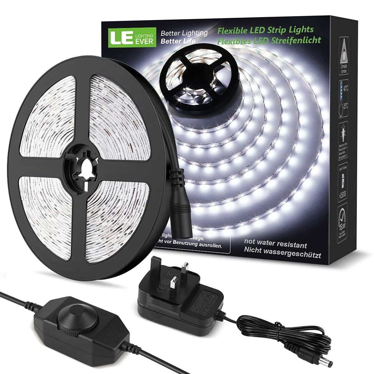 LE 5M LED Strips Lights Kit, Dimmable, 1200lm, Daylight White 6000K, Plug and Play LED Tape Light for Home Kitchen Bedroom and More, 12V Power Supply and Dimmer Switch Included