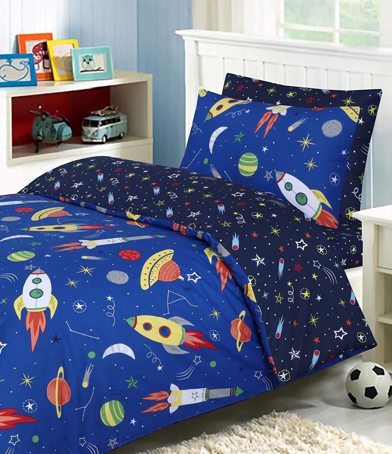 Indus Textiles Boys Childrens Kids Complete Duvet Cover Sets - Fitted Sheet and Pillowcases Matching - 100% Soft Cotton - Reversible - Space Blue - Single Complete Set