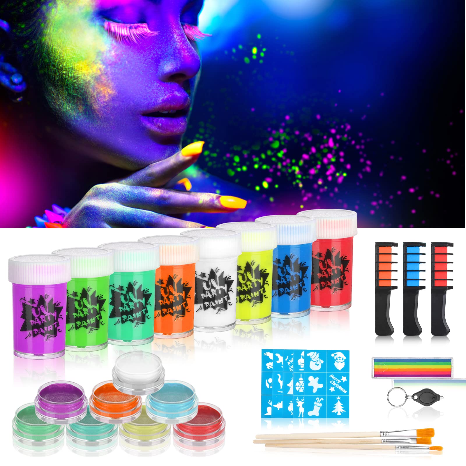 Creamify Neon Paint Set - UV Face Paint Body Fluorescent with 8*20g UV Body Paint, 8*3g Face Paint, 3*Fluorescent Dye Comb, 3*Paint Brushes for Party