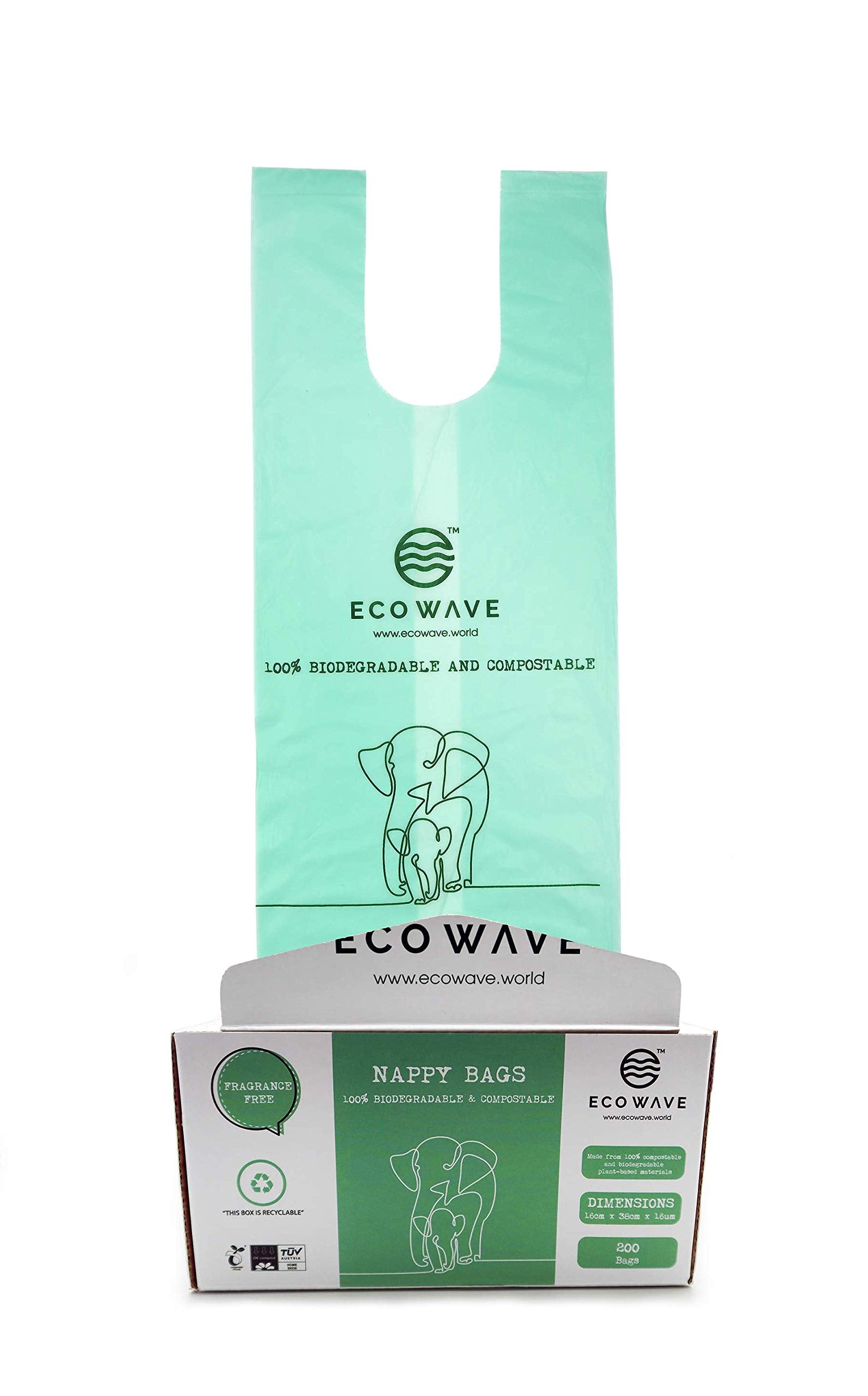 ECO WAVE 100% Biodegradable and COMPOSTABLE Nappy Bags, 200 Fragrance Free Bags, EN 13432 Certified
