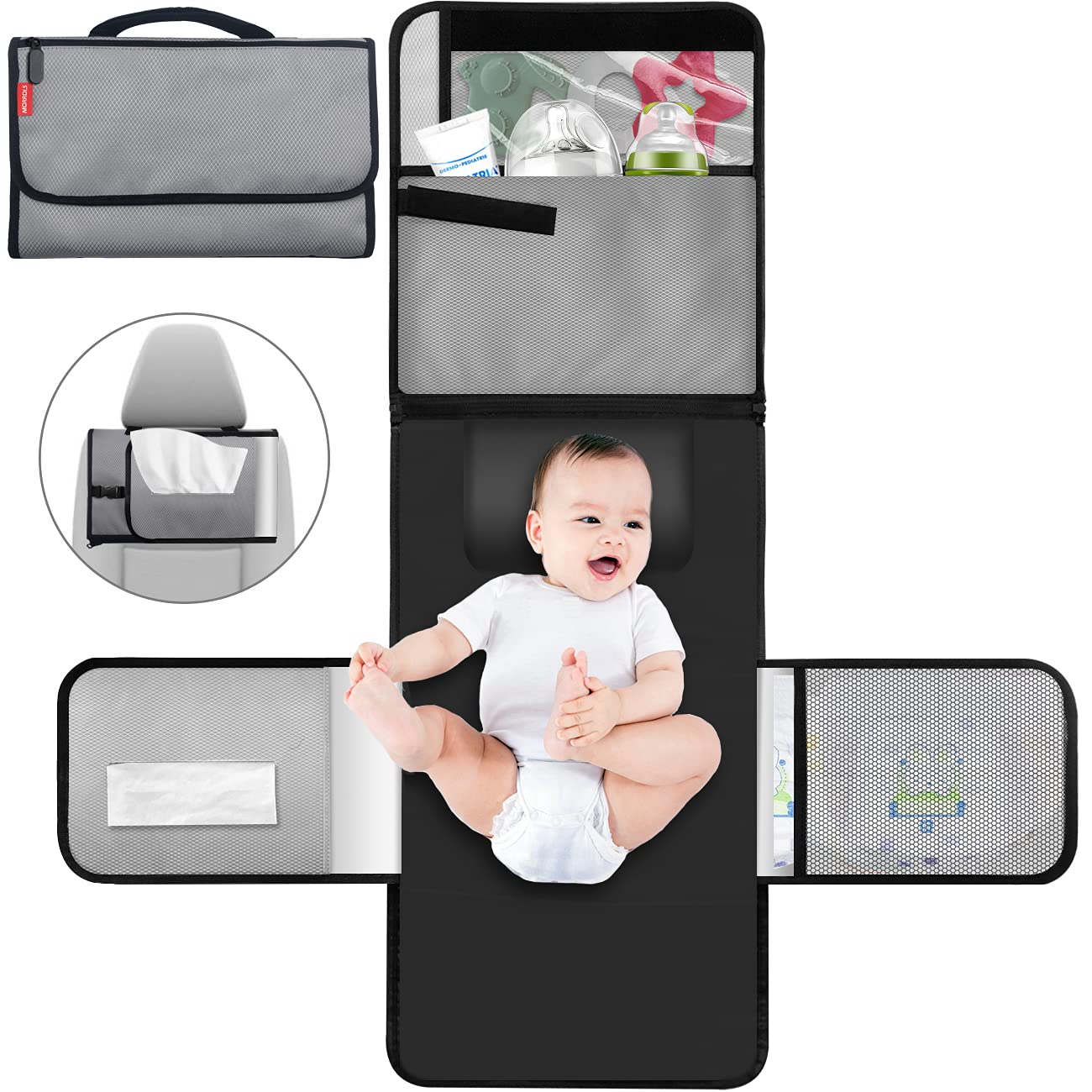 MORROLS Portable Changing Pad - Large Detachable Nappy Travel Changing Mat - Waterproof and Wipeable Diaper Changing mat Portable with Mesh and Zippered Pockets for Boy & Girl Newborns(Dark Gray)