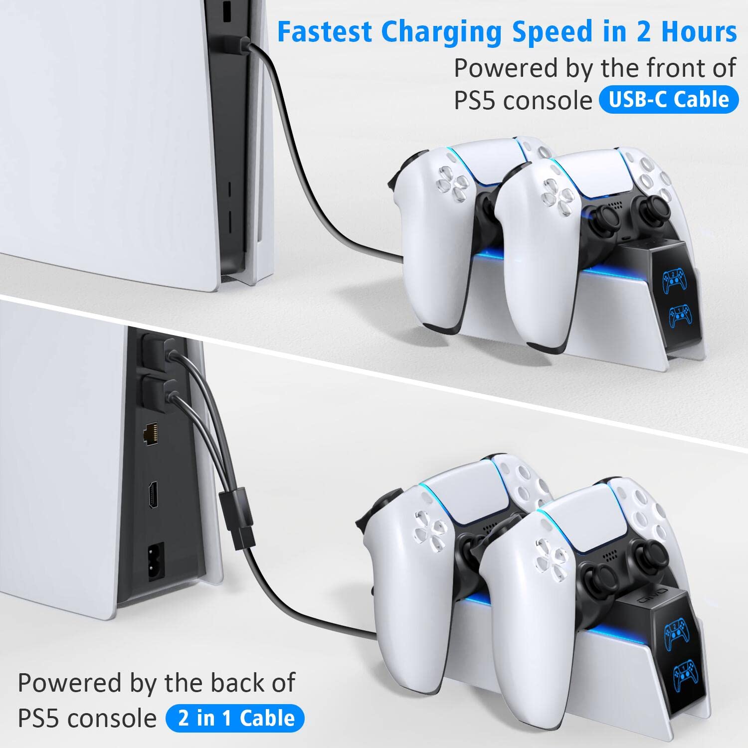 PS5 Charging Station, OIVO 2H Fast PS5 Controller Charger for Playstation 5 Dualsense Controller, Upgrade PS5 Charging Dock with 2 Types of Cable, PS5 Charger for Dual PS5 Controller