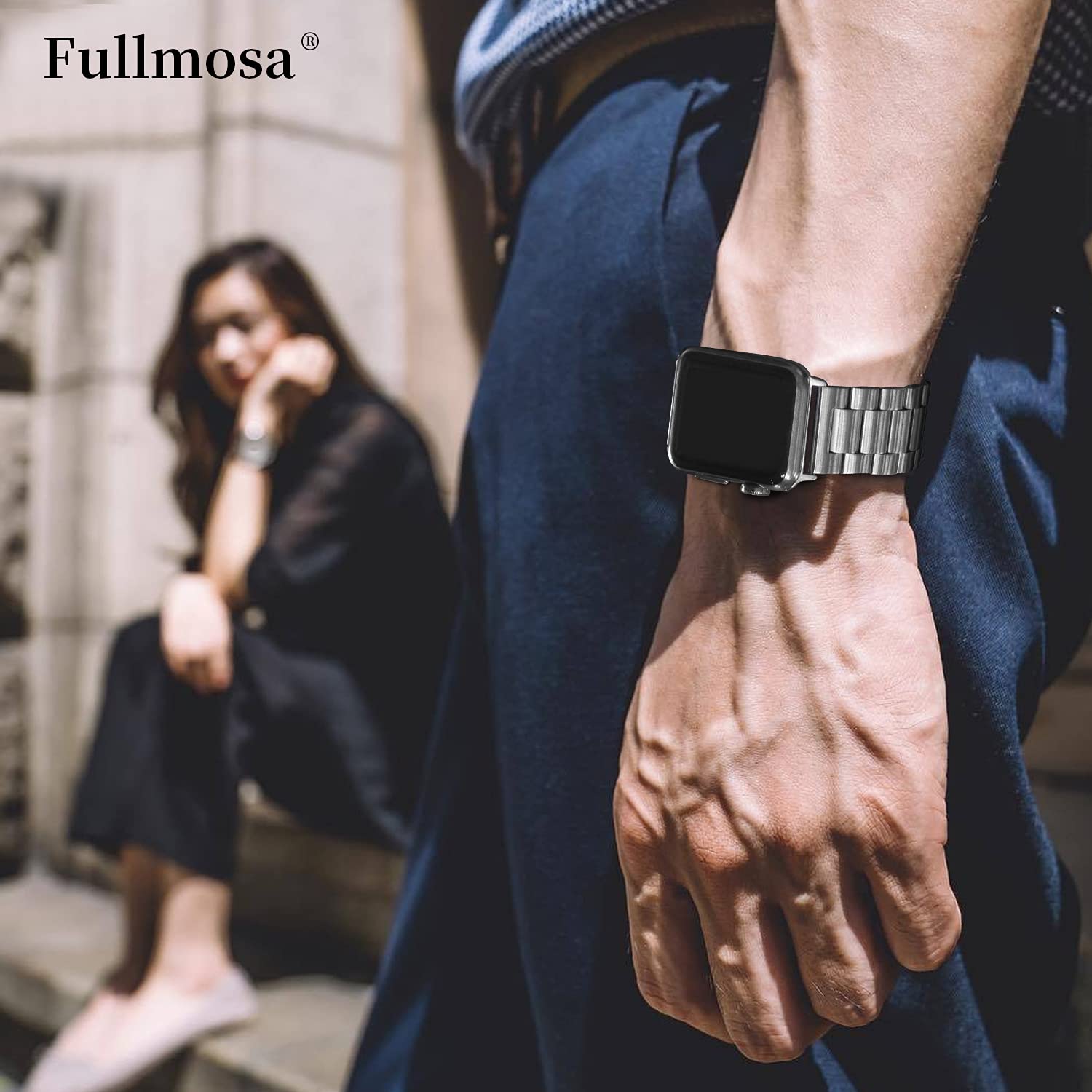 Fullmosa Metal Strap Compatible with Apple Watch Strap 38mm 40mm 41mm Stainless Steel Replacement Band Compatible with iWatch Series 7 6 SE 5 4 3 2 1 Strap, Silver& Protective Case