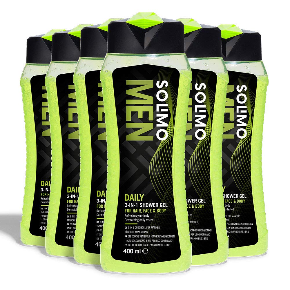 Amazon Brand - Solimo Men Daily 3-In-1 (Face, Hair, Body) Shower Gel- Pack of 6 (6 bottles x 400 ml)