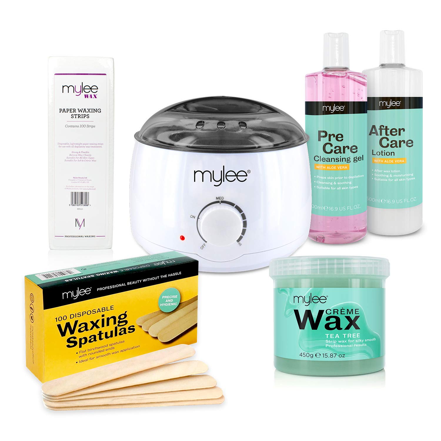 Mylee Complete Waxing Kit, Includes Salon Quality Wax Heater, Soft Cream Wax, Waxing Strips, Spatulas and Mylee Pre & After Care Lotion (Kit + Tea Tree Wax)