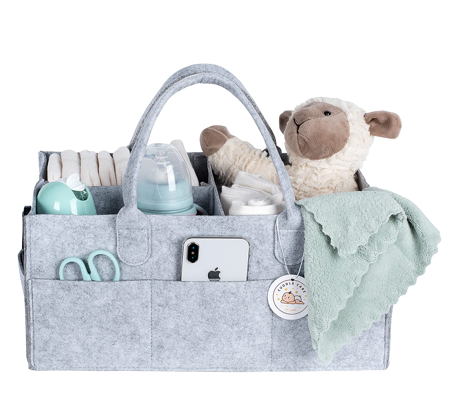 Nappy Caddy Organiser Nursery Storage with Baby Towel, UK Company, Grey Basket with Detachable Divider, Diaper Bag, Baby Accessories, Newborn Gifts for Mom
