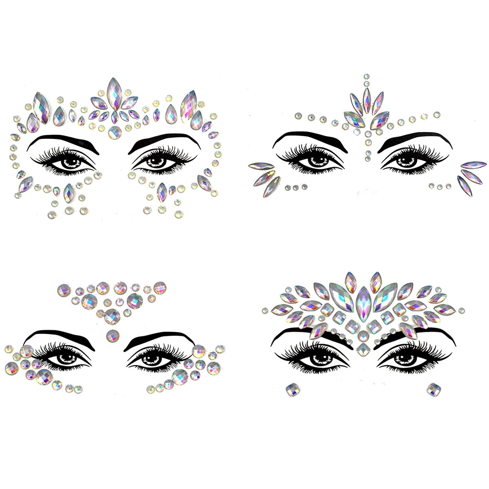 4 Pack Mermaid Face Gems Glitter, Face Gems Glow in the Dark Halloween Face Stickers Set, Crystals Face Stickers for Eyes Face Body Temporary Tattoos