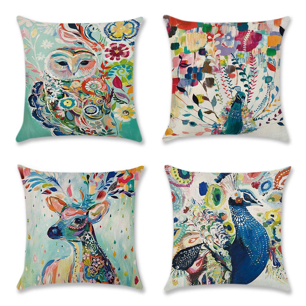 Artscope Decorative Cushion Covers for Sofa Couch Soft Polyester Linen Throw Pillow Covers Pillowcases with Invisible Zipper 45 x 45 cm Set of 4 (Colorful Painted Animal)