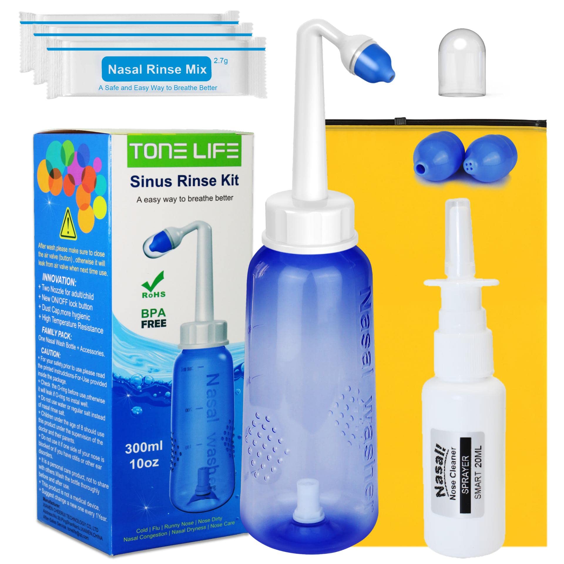 3xNasal Rinse Mix + Neti Pot | Nose Wash Bottle 300ml + Nasal Sprayer with Waterproof Storage Bag