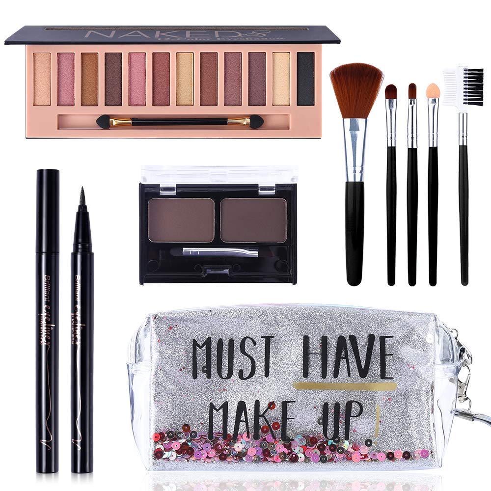 All in One Makeup Gift Set -12 Colors Eyeshadow Palette + Waterproof Black Eyeliner Pencil + Duo Pressed Eyebrow Powder Kit + 5 Brushes and Quicksand Silver Cosmetic Bag