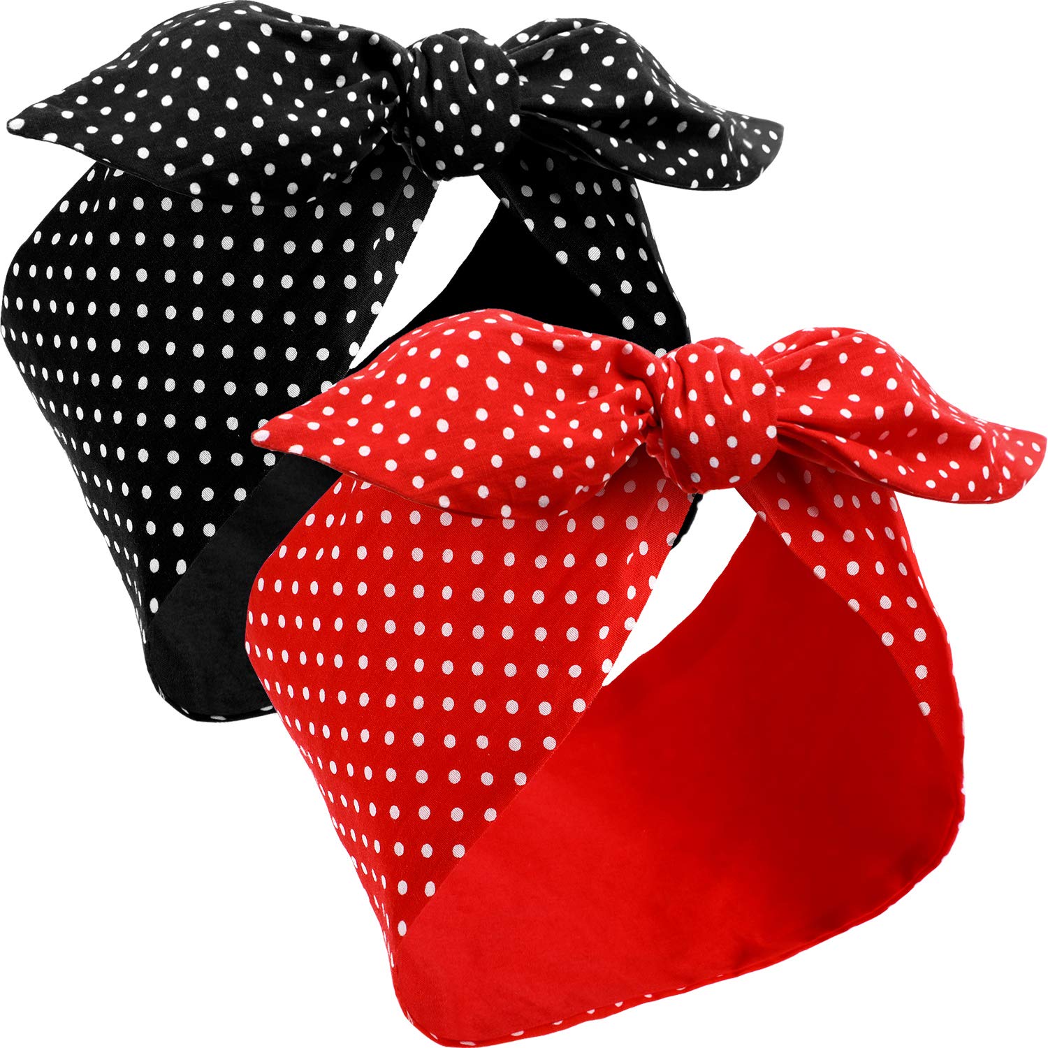 2 Pieces Red Head Scarf for Women Retro 1940s Head Scarf Bandana Rosie The Riveter Headband Black Boho Bow Headbands Vintage Rabbit Ear Hairband Girls Hair Accessories (Polka Dot Pattern)