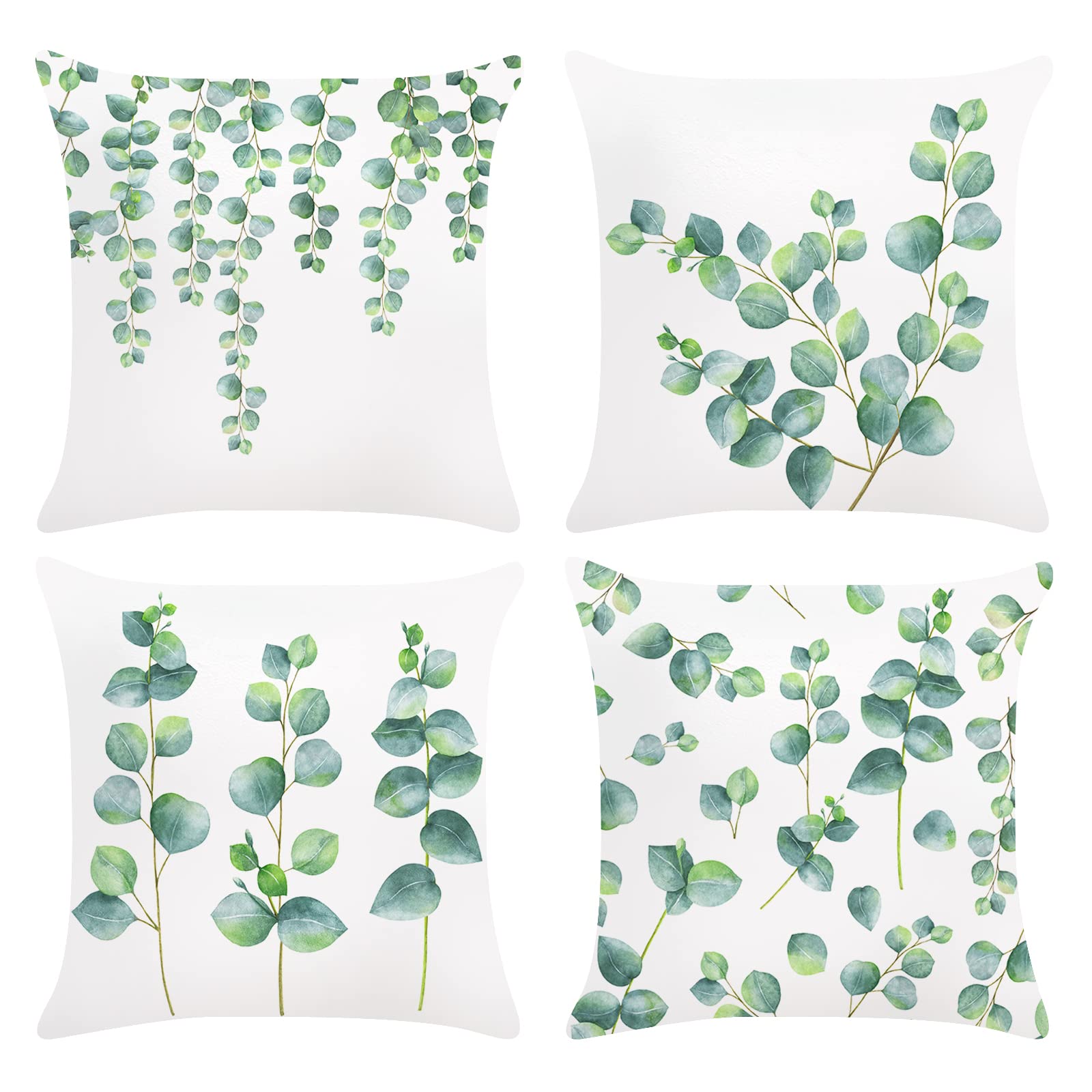 Bonhause Eucalyptus Leaves Cushion Covers 18 x 18 Inch Set of 4 Green Plants Decorative Throw Pillow Covers Soft Velvet Pillowcases for Sofa Couch Car Bedroom Home Decor, 45 x 45 cm
