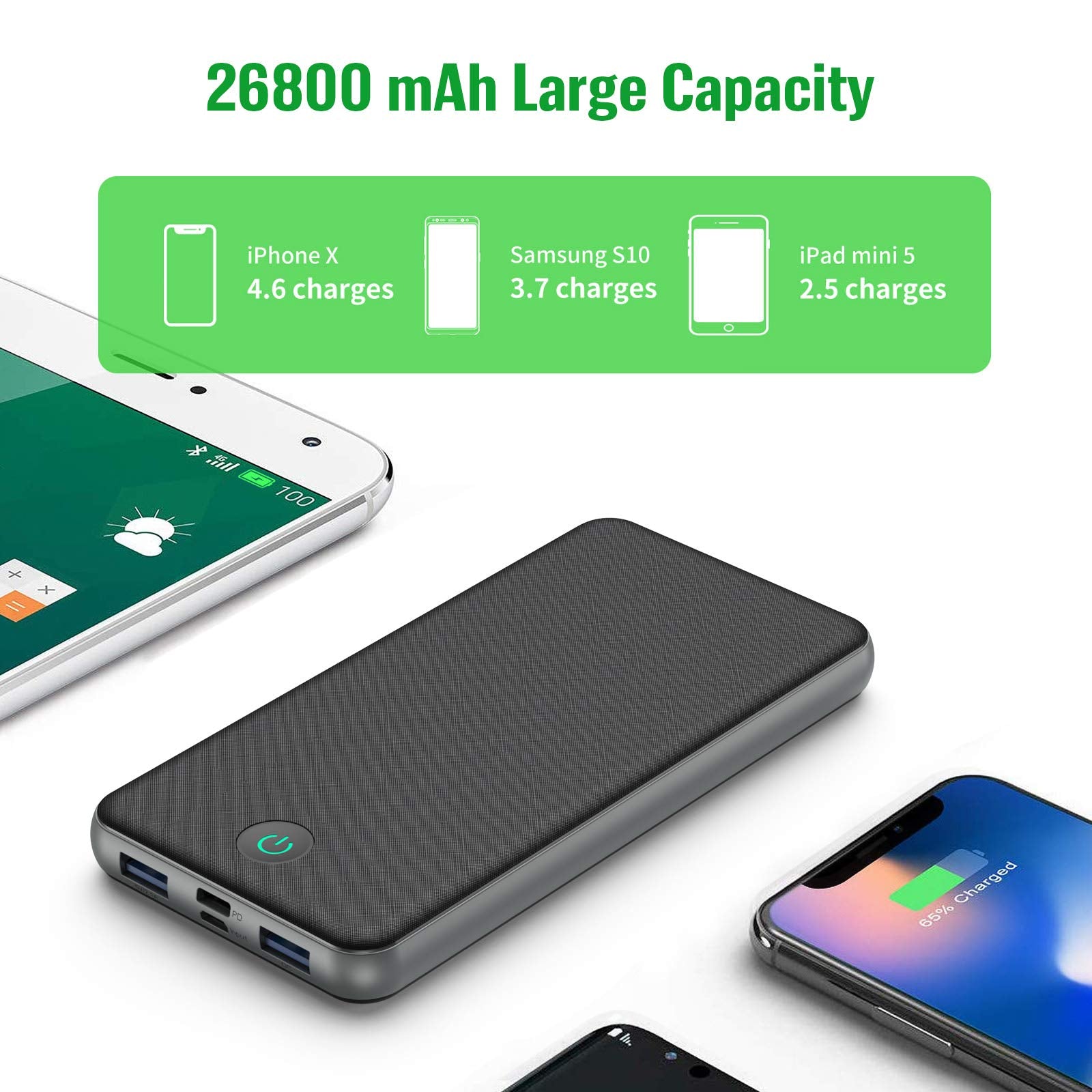 QTshinee Power Bank QC 3.0, Portable Charger 26800 mAh 18 W Power Delivery USB C External Battery Pack with 3-Outputs & 2-Inputs for Smart Phones Tablets and More