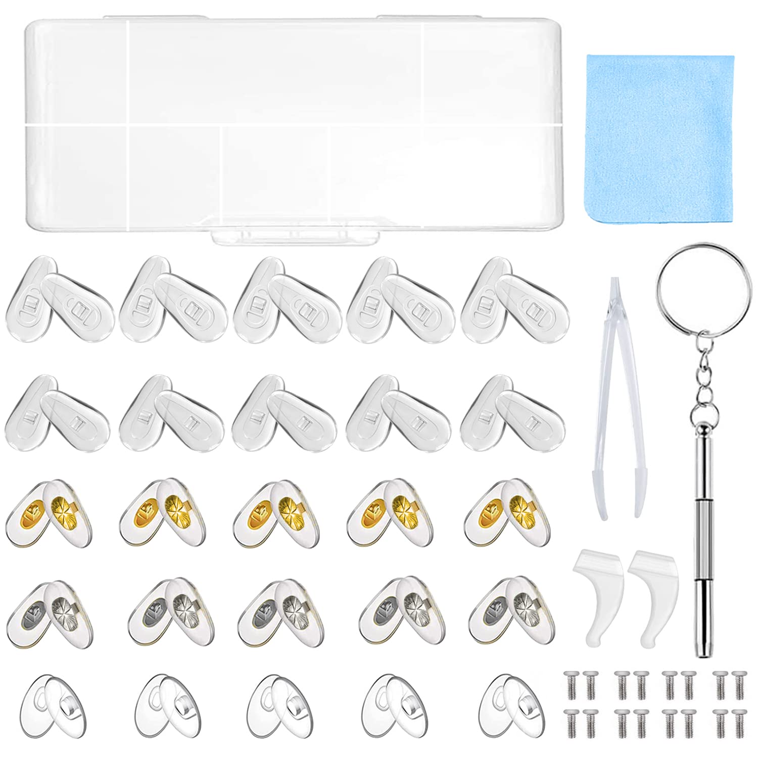 25 Pairs Glasses Nose Pads Silicone, Screw-in Nose Pad for Glasses Eyeglass Repair Kit with Screws Tweezer and Cleaning Cloth