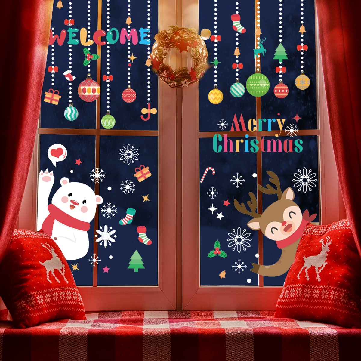 Christmas Window Stickers Large Xmas Window Stickers Scene Snowman Reindeer Snowflakes Decals for Glass Static Reusable Merry Christmas Window Clings for House Shop Christmas Window Decorations