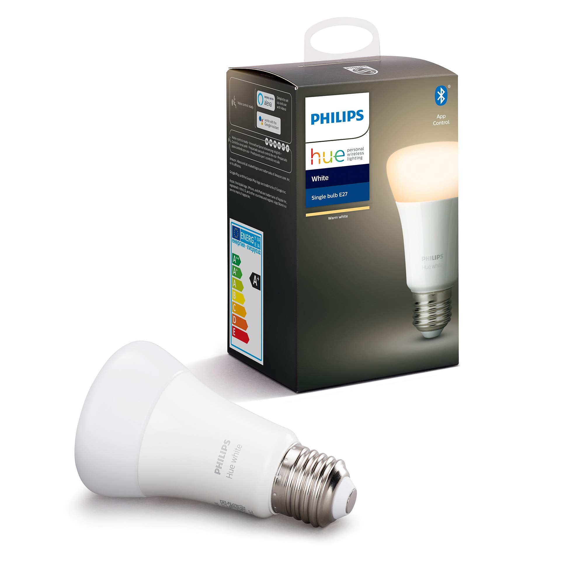 Philips Hue White LED Smart Light Bulb 1 Pack [E27 Edison Screw] 60W Equivalent, with Bluetooth, Works with Alexa, Google Assistant and Apple Homekit.