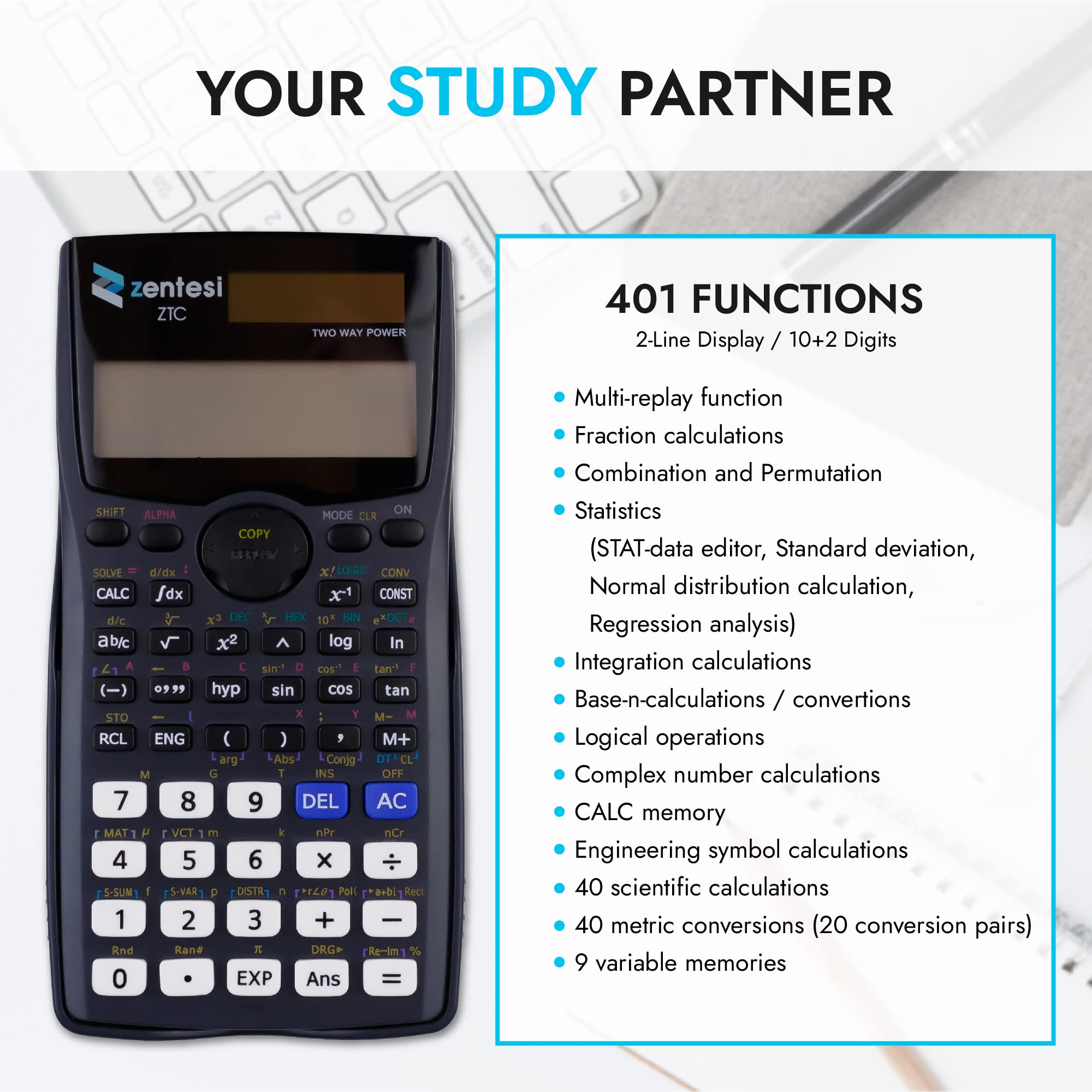 Zentesi Scientific Calculator For Secondary School with Solar Power. Perfect for GCSE, A Level Maths, Office Stationary Set & Supplies - 401 Functions, 12 Digit & 2 Line Display