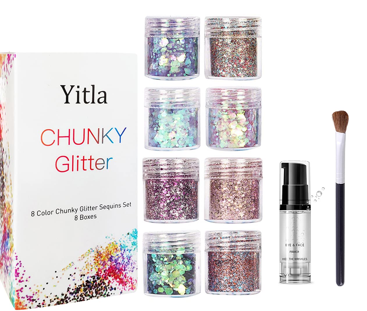 8 Color face Glitter Cosmetic Glitter, for Body, Cheeks and Hair, Festival and Party Beauty Makeup - Includes Long Lasting Fix Gel and Brush