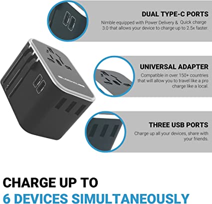 iBlockCube Travel Adapter, World's First 35W Dual Type C | 3 USB Ports with 3.5A Fast Speed Charger, & Universal AC Socket, All in One Portable Adaptor Wall Plug Compatible for 150+ Countries (Silver)