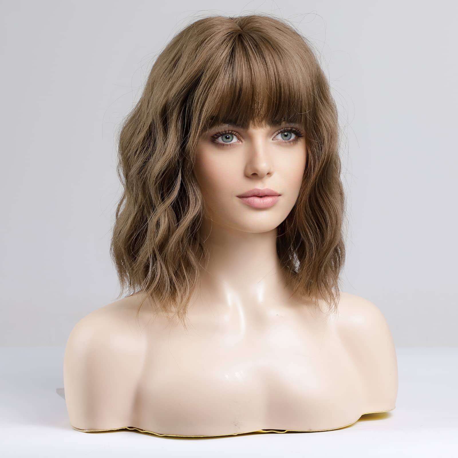 HAIRCUBE Short Brown Bob Wigs for Women Curly Hair Wig with Bangs