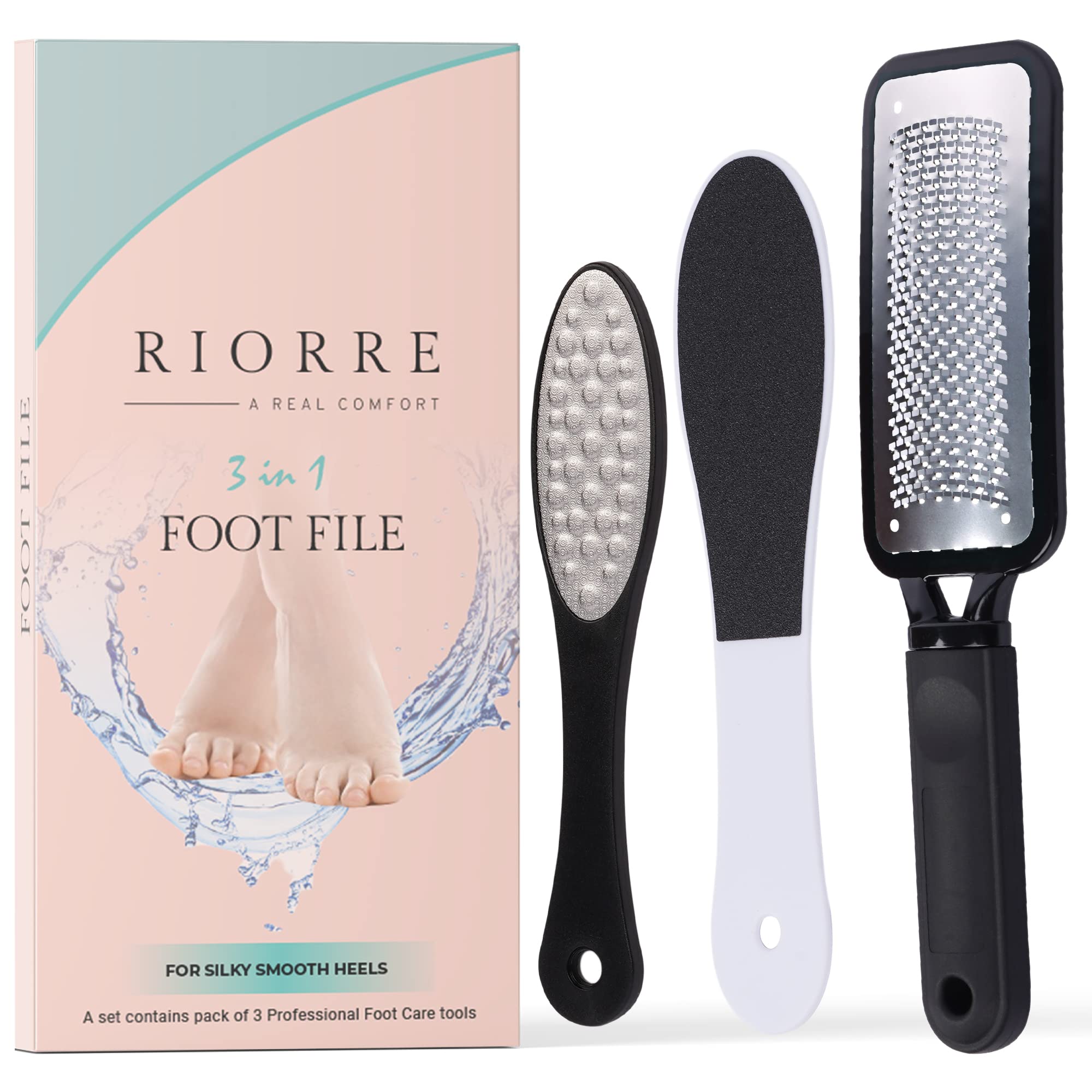 Riorre Professional Foot Files for Hard Skin - Premium 3 in 1 Pedicure Foot File , Scrubber and Foot Scraper for Soft & Smooth Heels