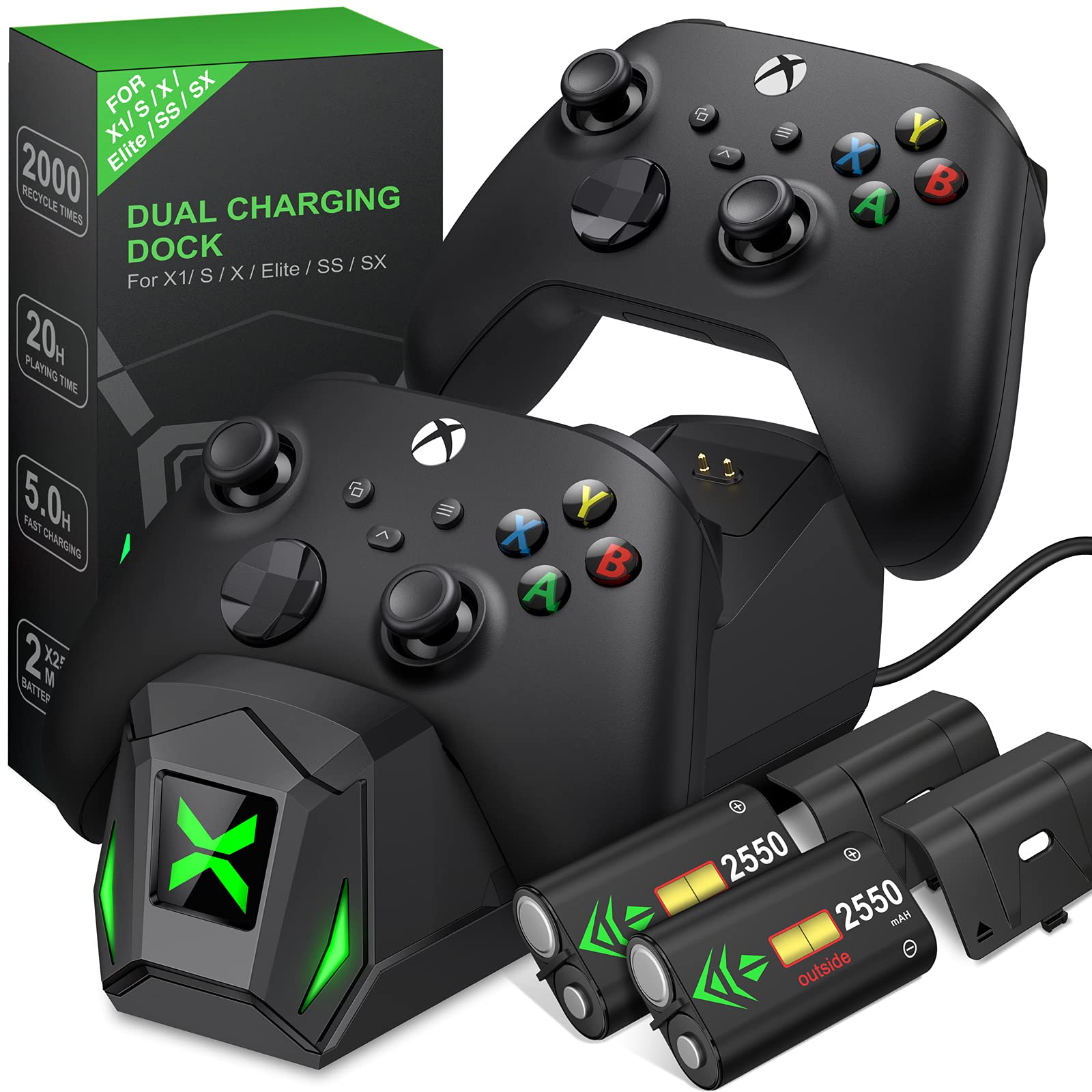 HEYLICOOL Controller Charger for Xbox Series X|S/Xbox One,Charging Dock for Xbox one Controller,With 2 x 2550mAh Rechargeable Battery Dock,Dual Charging Station for Xbox One X/One S/Elite