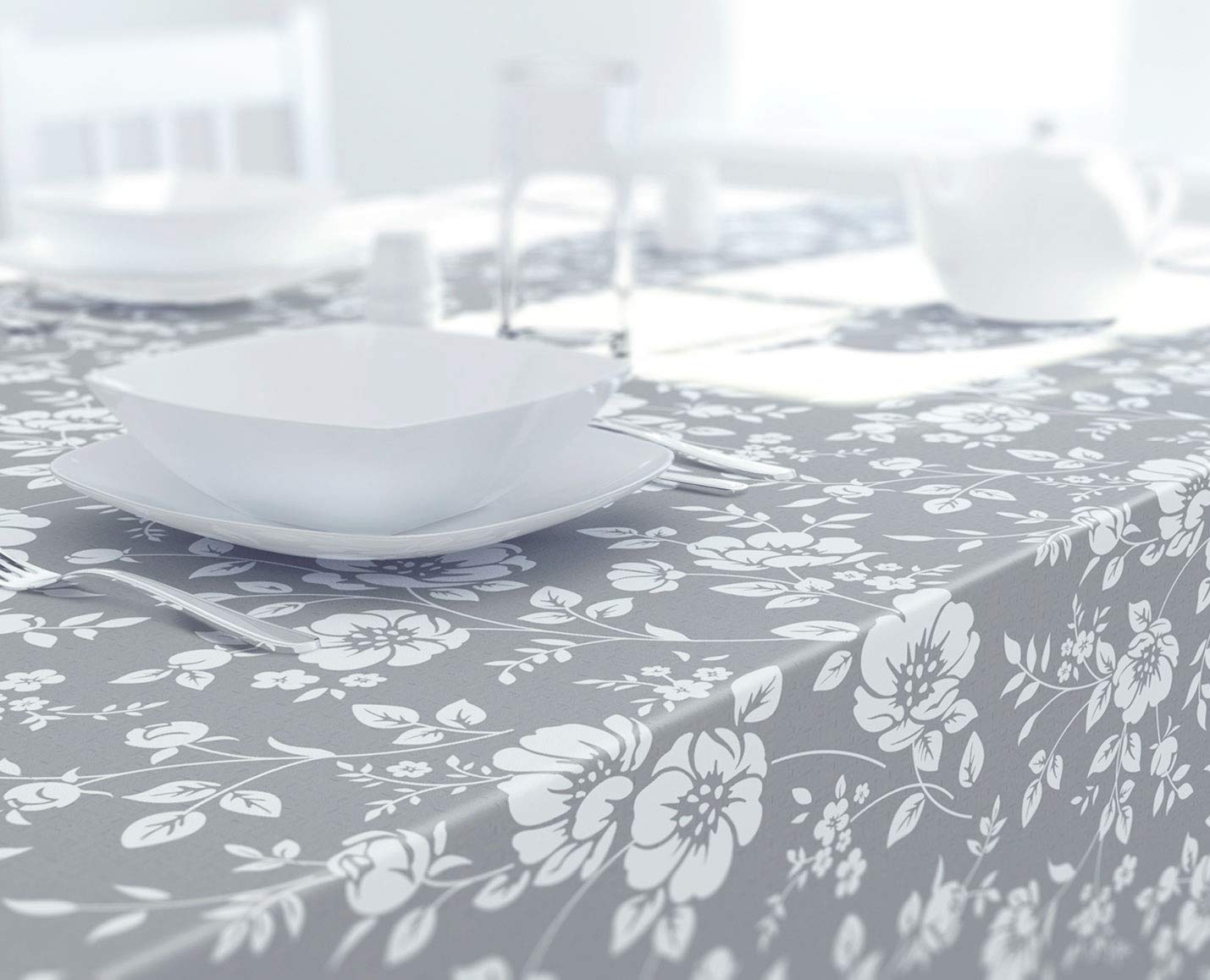 Dehaus® GREY Stylish Wipe Clean PVC TABLECLOTH (Various Sizes) 200cm x 140cm, Rectangular Vinyl Table Cloth Cover (Floral Bloom)