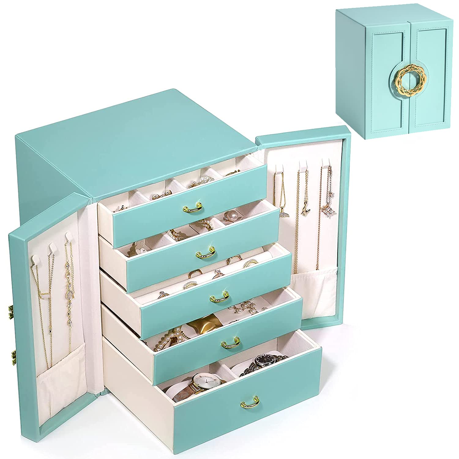 Large Jewellery Box Jewelry Organiser,5-Layer Jewelry Display Storage Case for Earring Necklace Bracelets Rings Watches Jewelry Holder (Tiffany Blue)