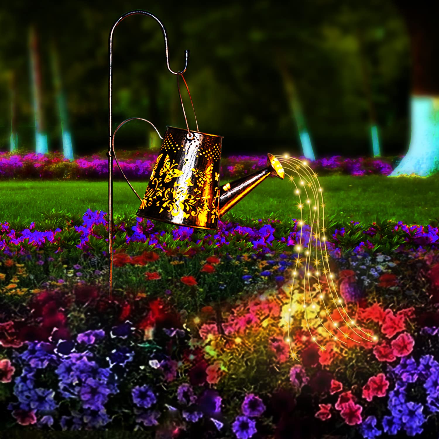 Solar Watering Can Lights Garden Decorations , Large Waterproof Warm White Butterfly Hollow Lamp with 91 LED for Outdoor Lawn Patio Yard Pathway Walkway (with Bracket) (Steady on Pattern)