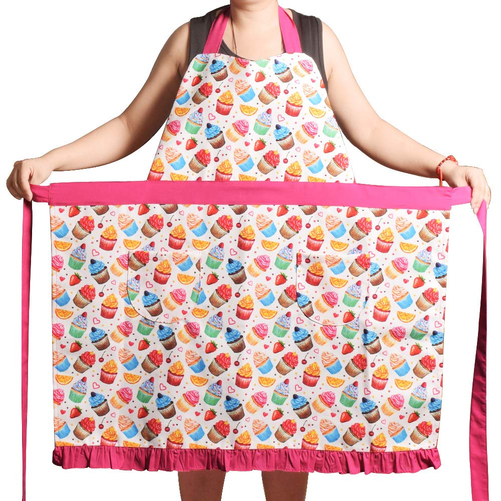 Love Potato Aprons for Women Girls Plus Size, Adjustable Kitchen Cooking Apron with 2 Pockets & Extra Long Ties, 34x36 inch (Pink Cupcake)