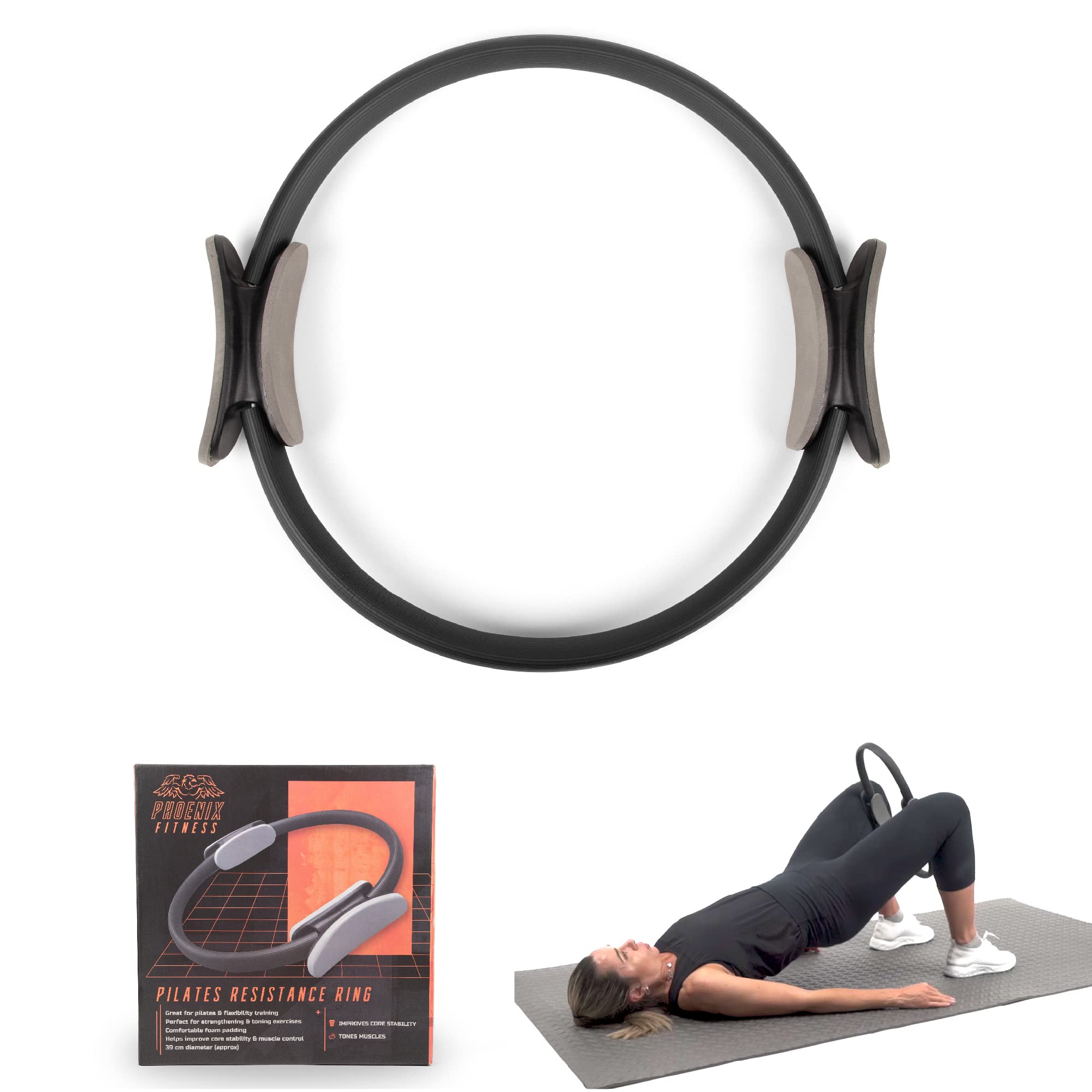 Phoenix Fitness RY1009 Pilates Ring Double Handle Exercise Circle Fitness Magic Circle Resistance Ring Dual Grip for Yoga Core Training 15 Inch, Black