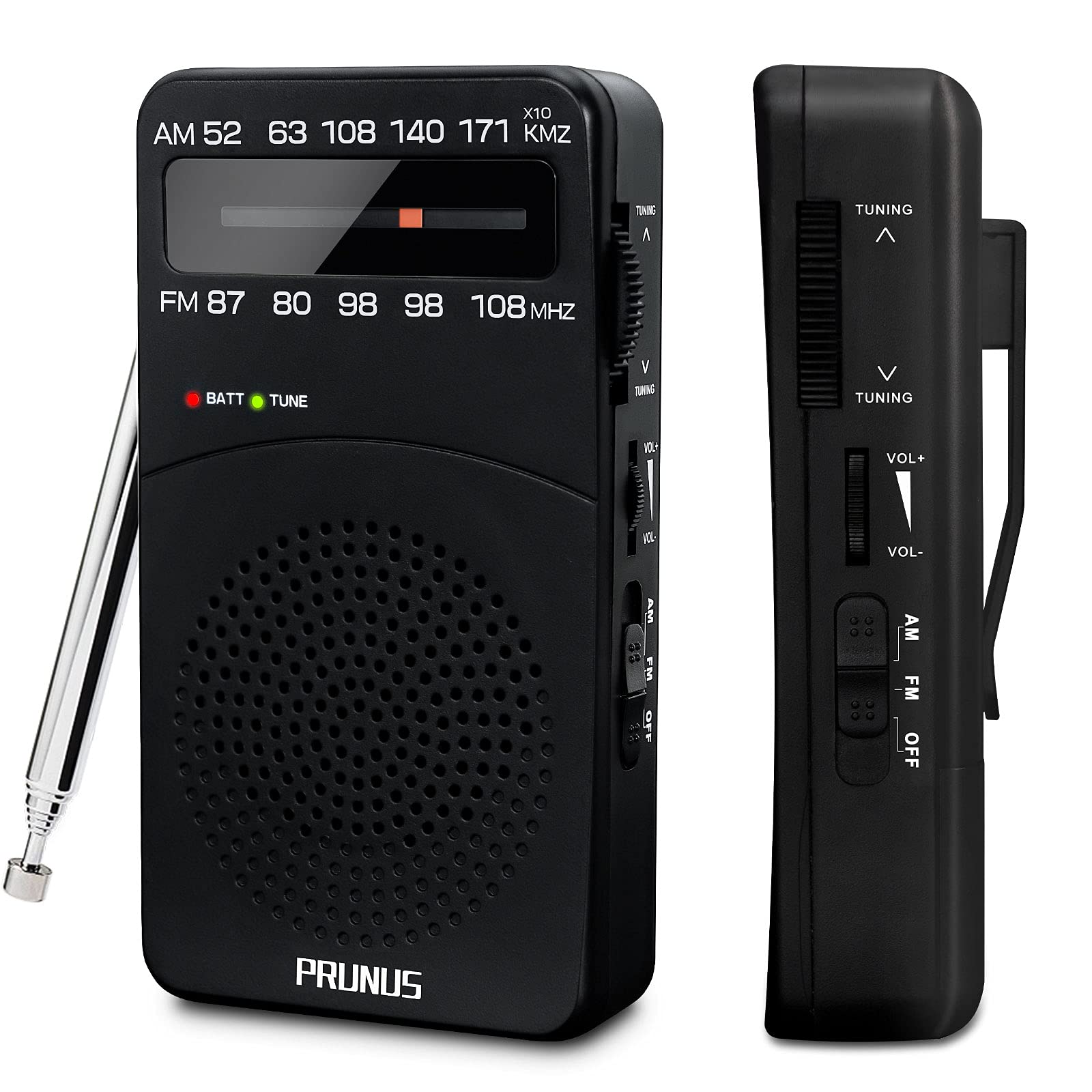 J-166 Pocket Radio Transistor, AM FM Small Radio Portable, Battery Operated Radio with Tuning Light, Back Clip, Excellent Reception for Outdoor & Indoor & Emergencies by PRUNUS