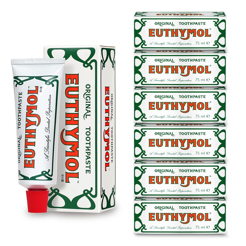 Euthymol Original Toothpaste 75ml * 6 Packs, No Fluoride, Anti-plaque, Antibacterial, Cavity Protection, Teeth & Gums Clean and Healthy, Cool Mint Refresh, Daily Oral Enamel Dental Care