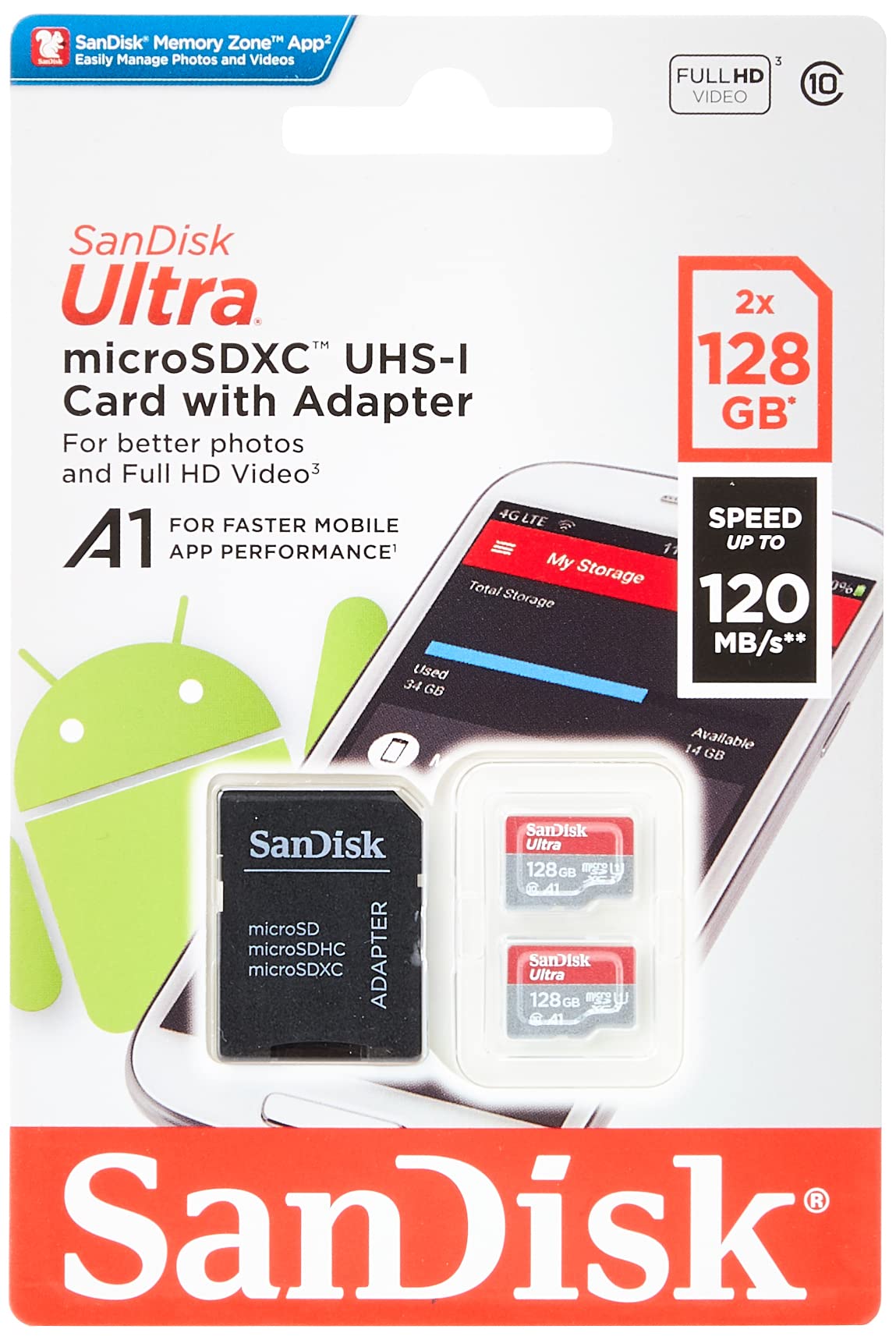 SanDisk Ultra 128 GB microSDHC Memory Card + SD Adapter with A1 App Performance Up to 120 MB/s, Class 10, U1 (Twin Pack)