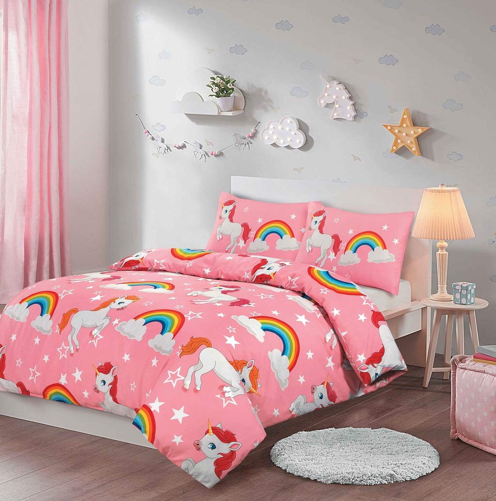 Elafy Unicorn Single Duvet Set - Childrens Kids Bedding Sets Girls - Easy Machine Washable - Polycotton Unicorn Bedding Single Kids with Matching Pillowcase