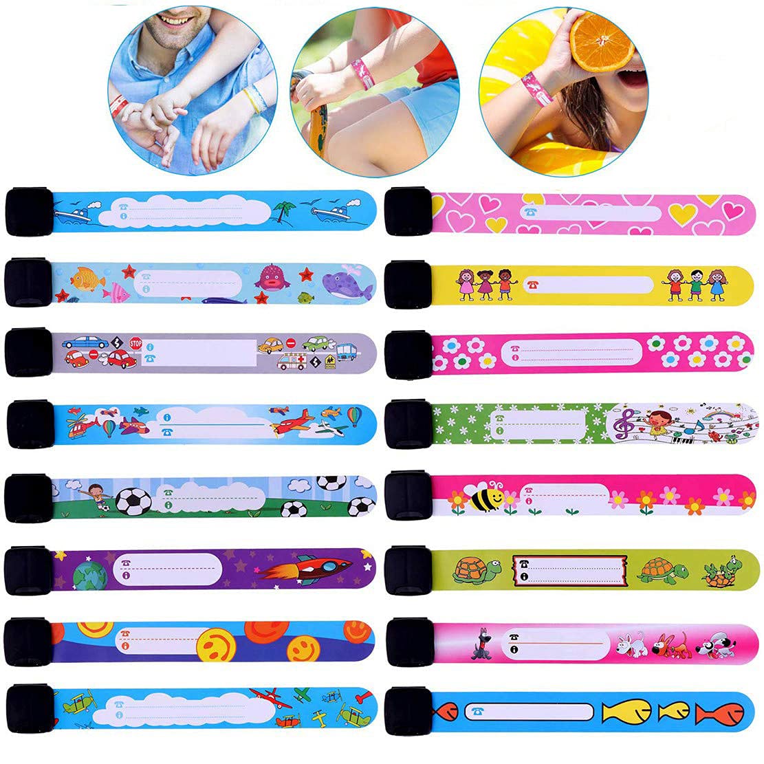 Safety ID Wristbands,16 PCS Anti Lost ID Wristband Children Safety ID Wristband Reusable Identification Bracelets Adjustable Waterproof ID Band SOS Emergency Bands for Boys and Girls