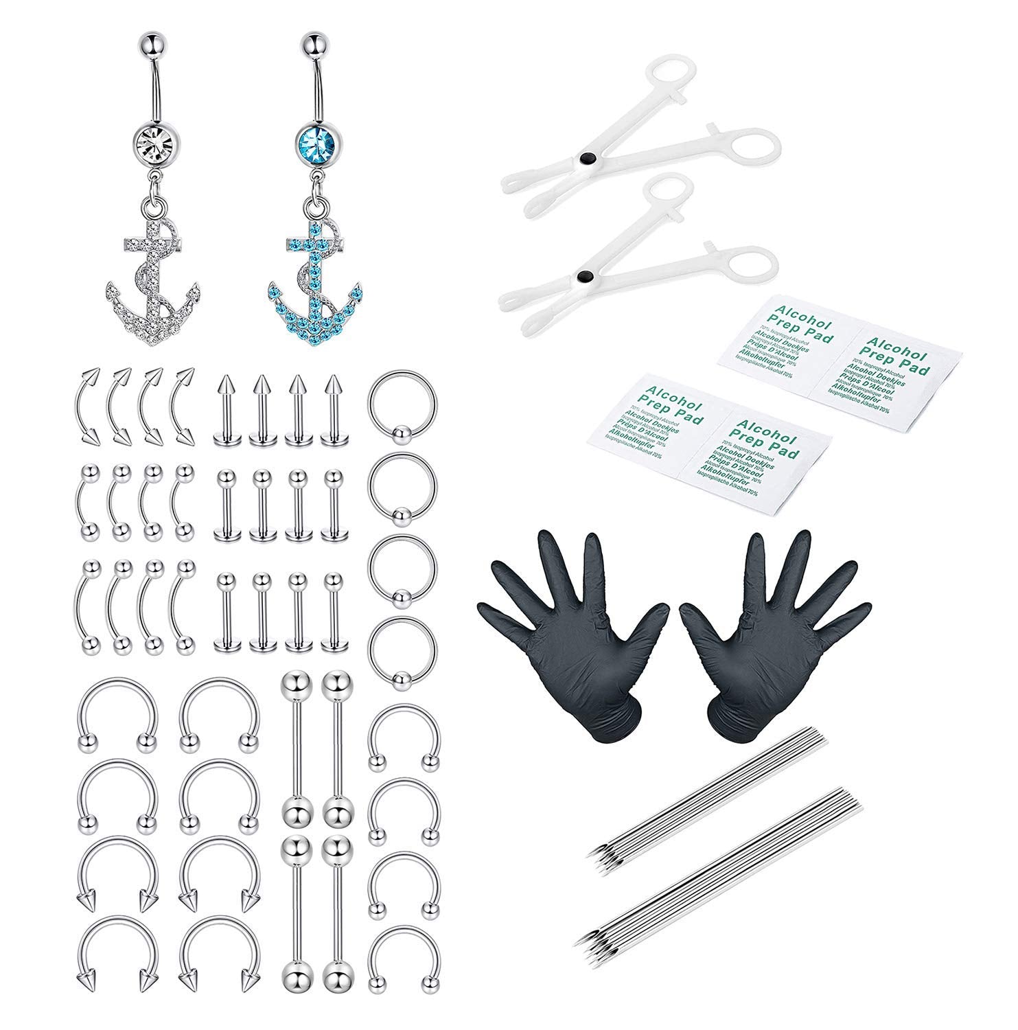 ADRAMATA 64Pcs 14G 16G Professional Piercing Kit Stainless Steel Belly Rings Lip Nose All Body Piercings Kits Jewellry