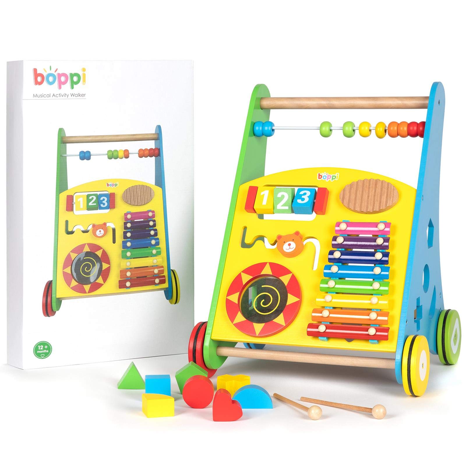 boppi Wooden Baby Push-Along Walker | Toddler Walking Aid with Shape Sorter & Activity Centre for Toddler Girls & Boys 12 Months+ | Musical