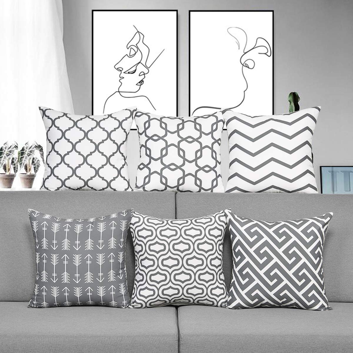 Alishomtll Cushion Covers set of 6, Pillow Cover Cushion Case, Soft Throw Pillowcase Geometric Sofa Home Decoration Pillow, Polyester 18 x 18 inch Grey