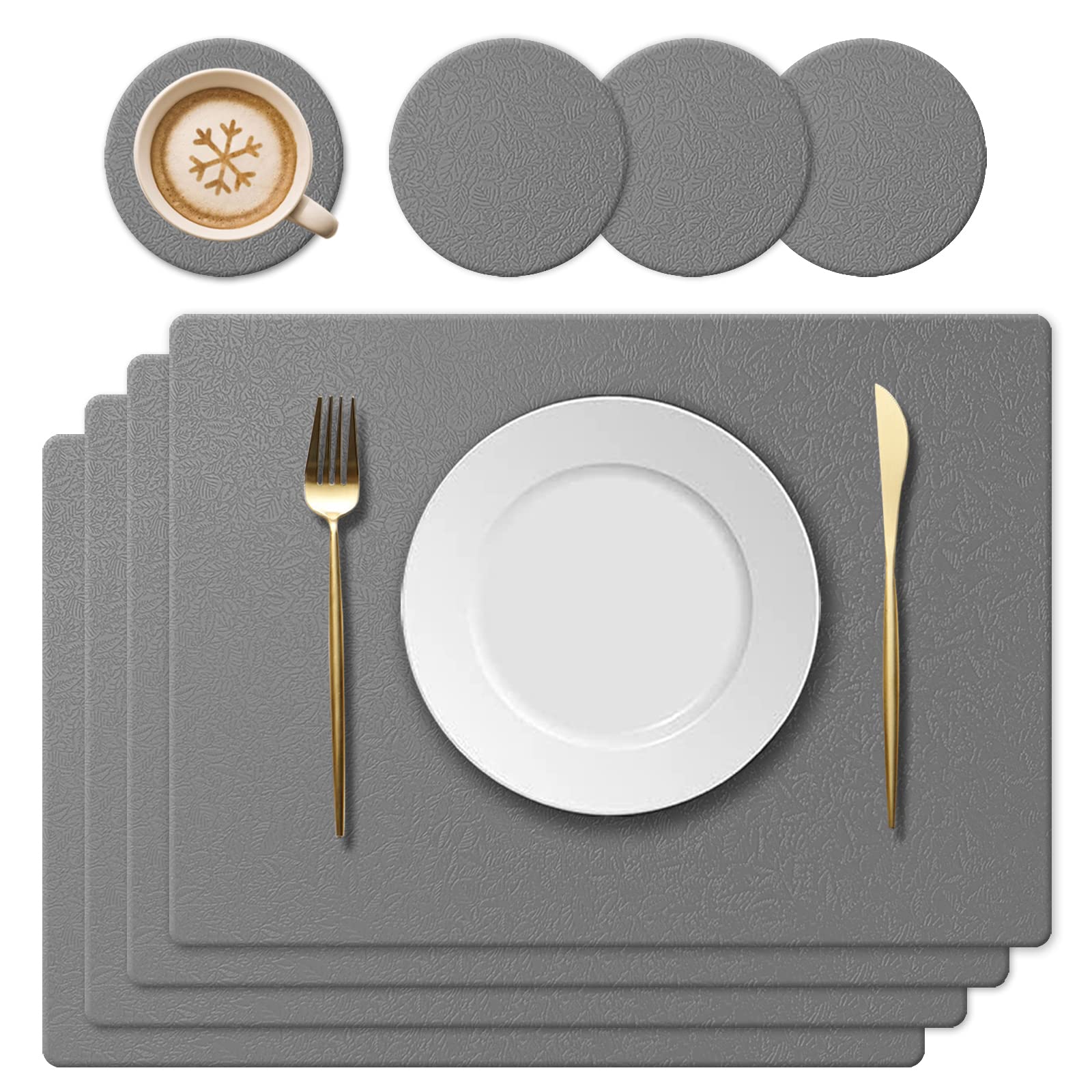 KERYCHIN Silicone Placemats and Round Glass Coasters, Washable Heat Resistant 220 °C, Non-Slip and Waterproof, Decorative Accessories for Restaurant, Kitchen, Hotel, 40 x 30 cm, 8 Pieces, Dark Grey