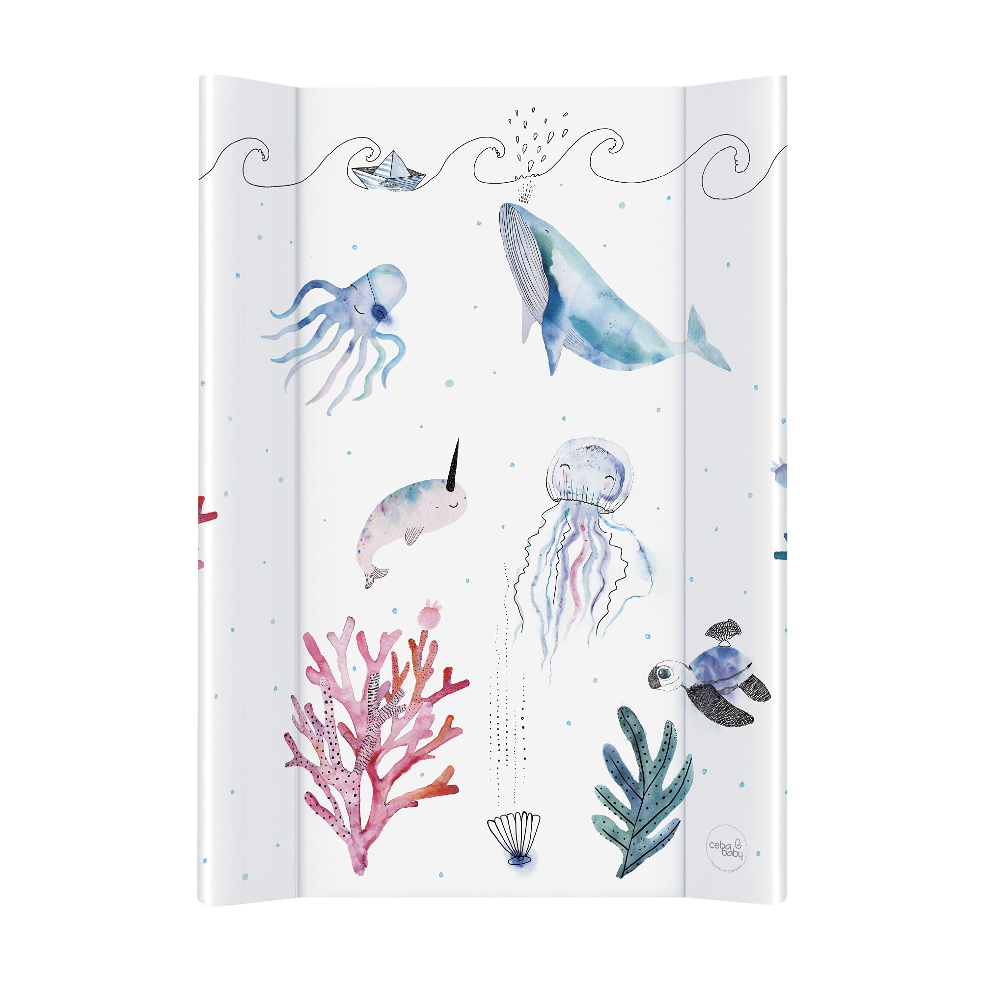 Deluxe Unisex Wedge Anti Roll Nappy Baby Changing Mat With Curved Sides - Watercolour World Under The Sea