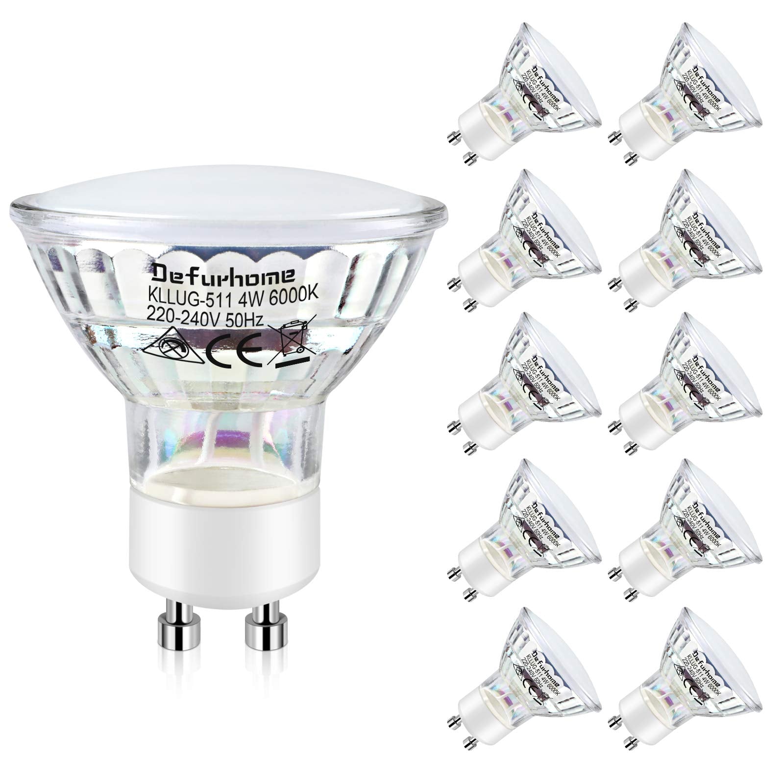 Defurhome GU10 LED Light Bulbs,50W Halogen Bulbs Equivalent, 4W, 450lm, Coollight White 6000K Spotlight Bulb,120° Beam Angle, Pack of 10