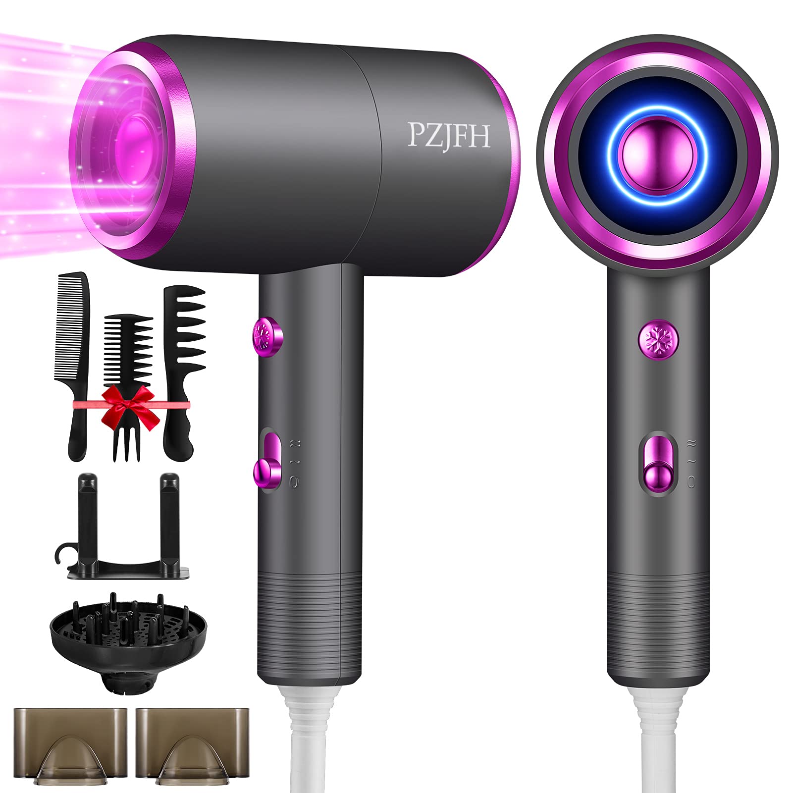 Professional Hair Dryer 1800W Powerful Fast Dry Ionic Blow Dryer, Lightweight Travel Hairdryer with Diffuser for Curly Hair, with Cool Shot Button & 2 Concentrator for Women Salon Home Hair Styling
