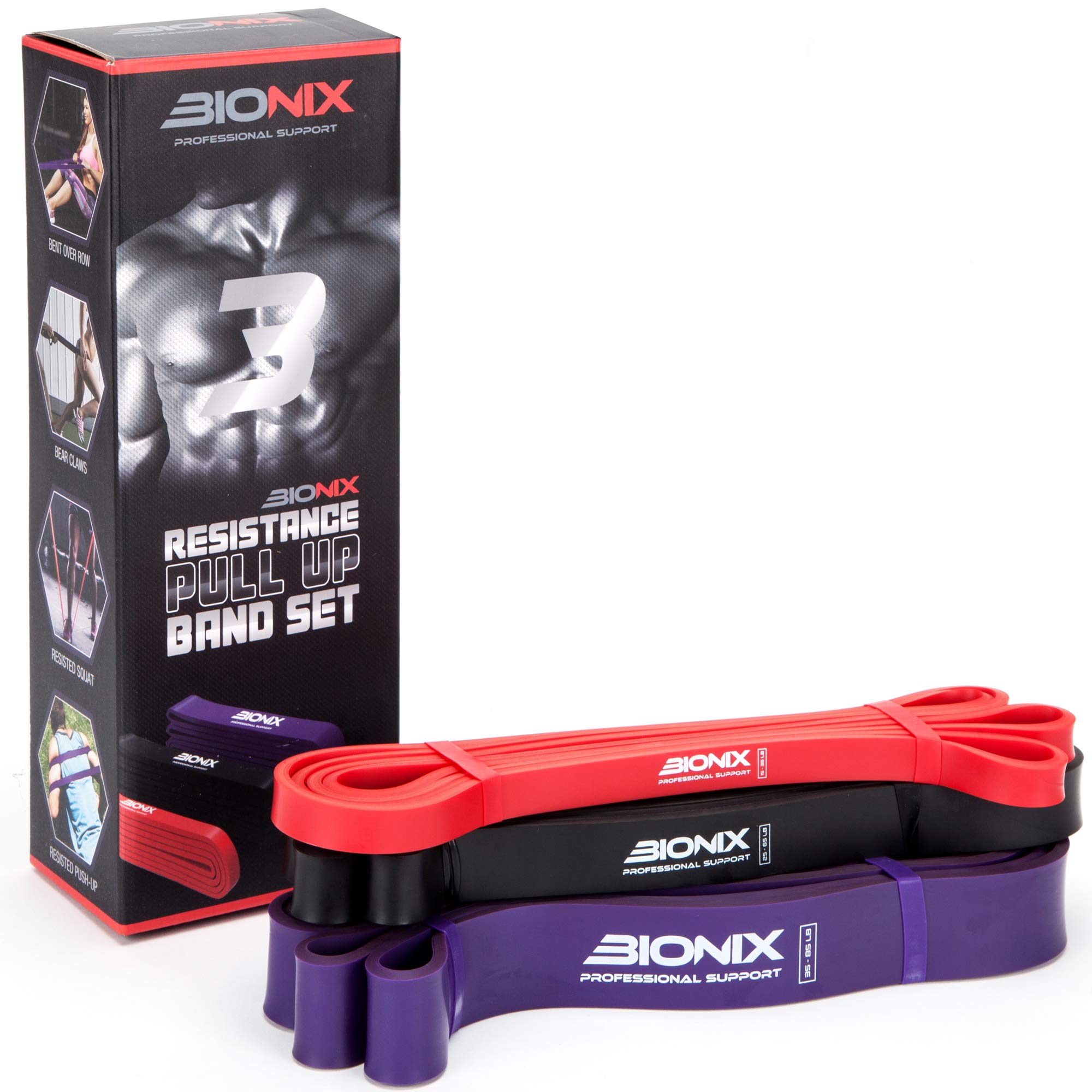 Bionix Resistance Bands Set - 3pcs Exercise Band For Men and Women Pull UP Assistance Heavy Elastic Rubber Long Loop Arm Legs Glutes Fitness Gym Workout