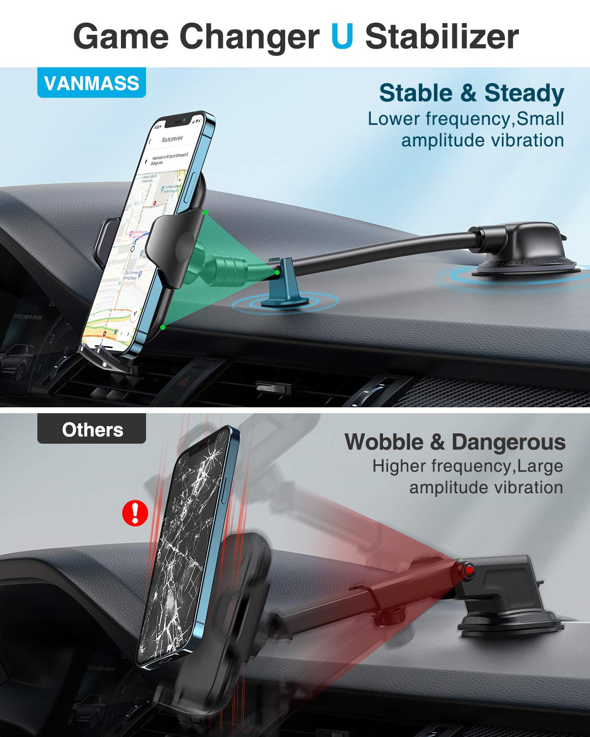 [Ultra Durable Gooseneck] VANMASS Car Phone Holder Windscreen Mount, Flexible Long Arm Mobile Phone Holder for Cars Dashboard Vent Universal Automobile Cradle Stand Compatible with iPhone 13 Samsung